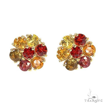 Cluster flower earrings with red, orange, and yellow sapphire gemstones in gold setting.