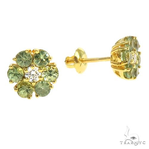 14K Gold Olive Bloom Sapphire Diamond Flower Earrings, photo 2 of 5