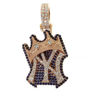 Rose gold MLB New York Yankee logo pendant with black and clear crystals and diamond bail.