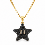 14k yellow gold Mini Mario Star black diamond pendant set, front view on diamond-cut bead chain
