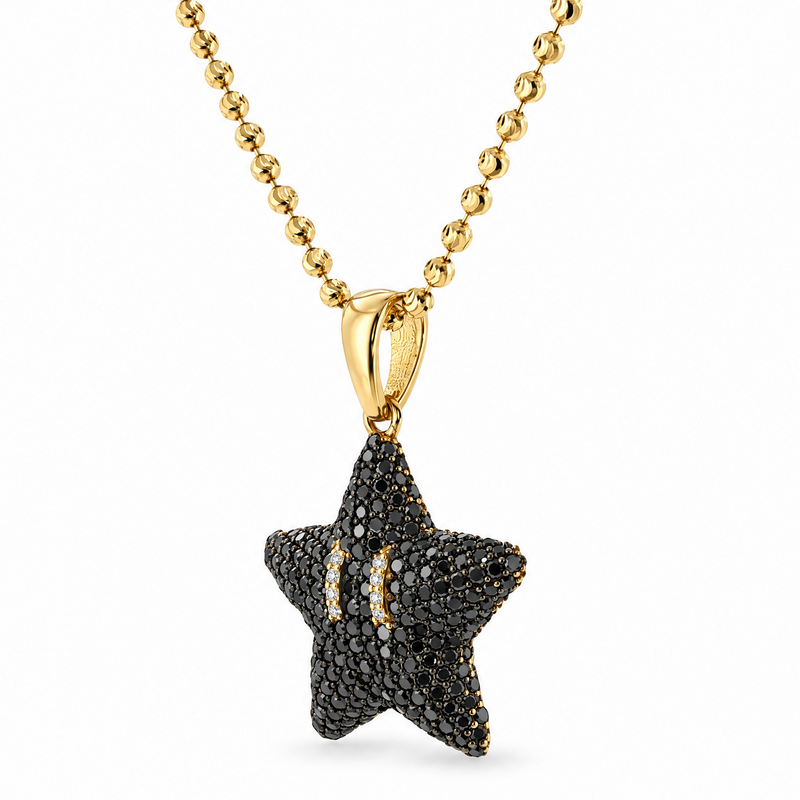 Mini Mario Star black diamond pendant in 14k yellow gold, angled front view