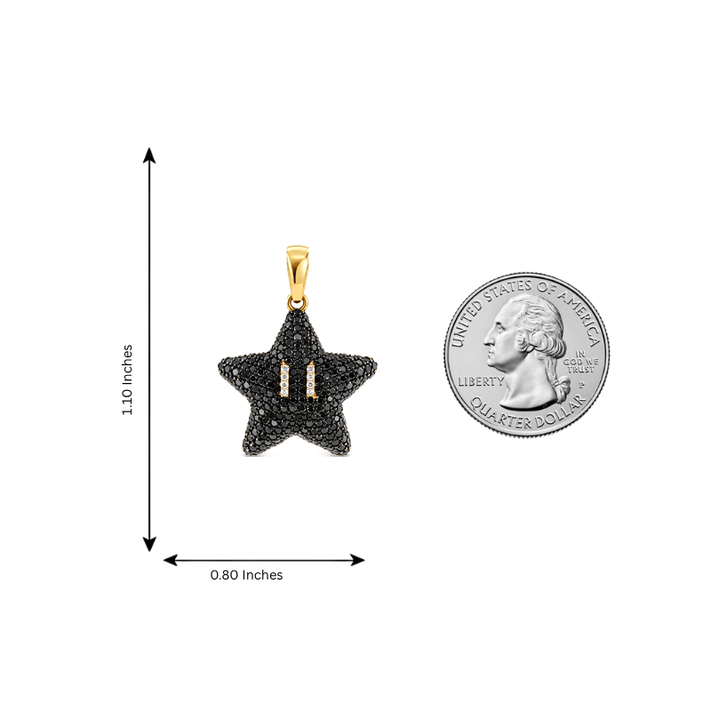 Mini Mario Star black diamond pendant size chart, 1.10 x 0.80 inches next to a quarter