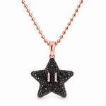 14k rose gold Mini Mario Star black diamond pendant set, front view on diamond-cut bead chain