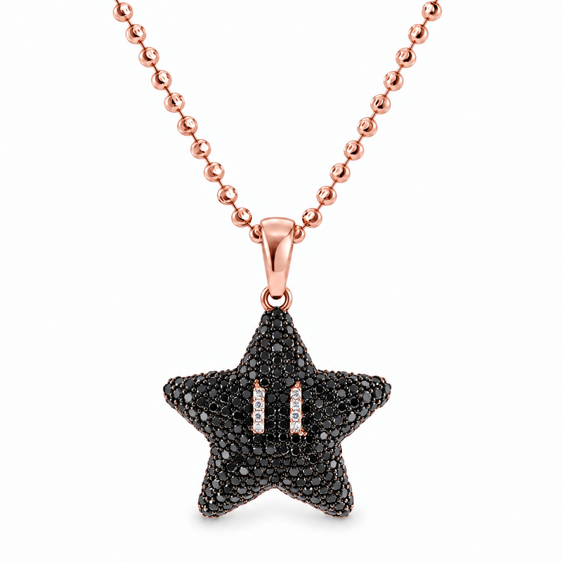 14k rose gold Mini Mario Star black diamond pendant set, front view on diamond-cut bead chain