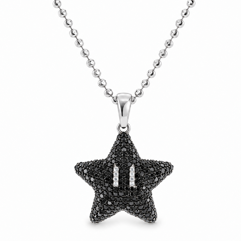 14k white gold Mini Mario Star black diamond pendant set, front view on diamond-cut bead chain