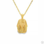 14K yellow gold mini Pharaoh pendant with detailed face and chain necklace.