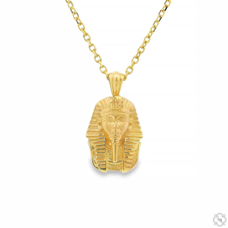 14K yellow gold mini Pharaoh pendant with detailed face and chain necklace.