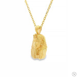 14K yellow gold mini Pharaoh pendant with detailed face and chain necklace.