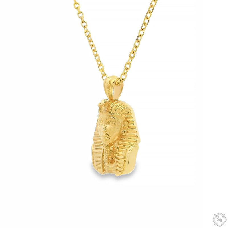 14K yellow gold mini Pharaoh pendant with detailed face and chain necklace.