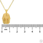 14K yellow gold mini Pharaoh pendant with detailed face and chain necklace.