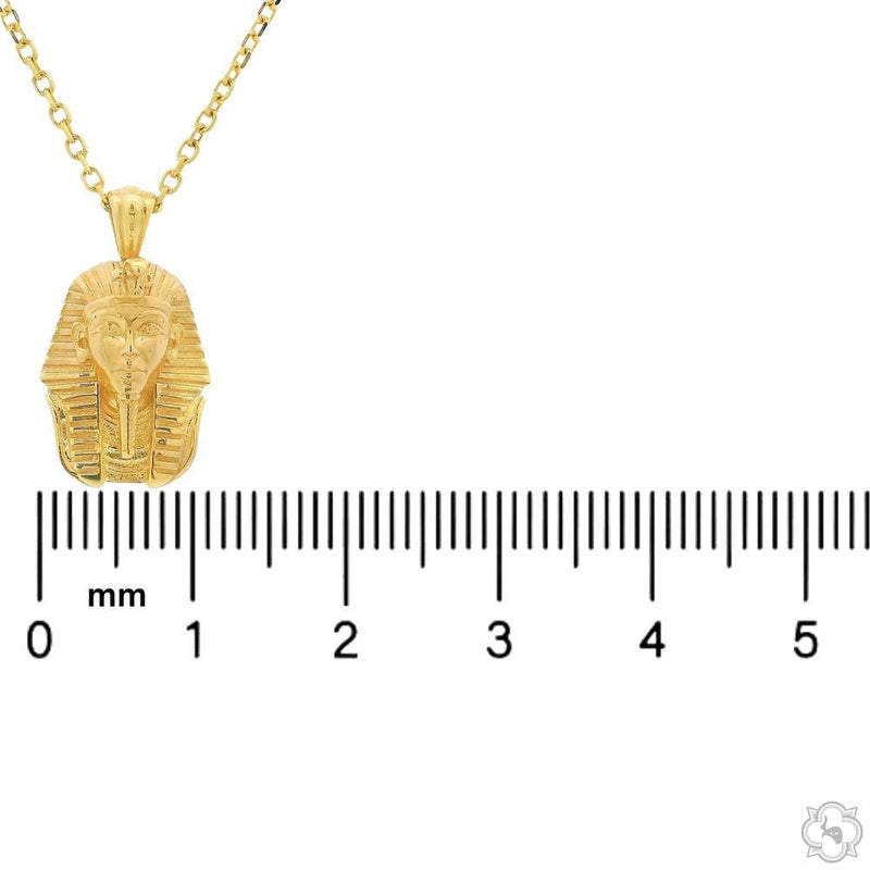 14K yellow gold mini Pharaoh pendant with detailed face and chain necklace.