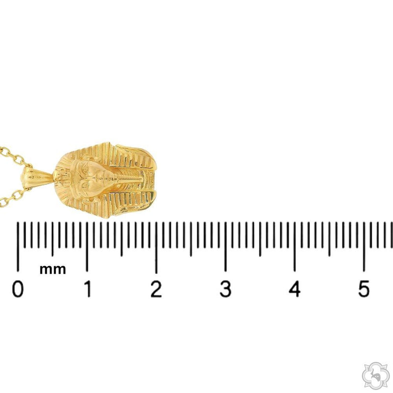 14K yellow gold mini Pharaoh pendant with detailed face and chain necklace.