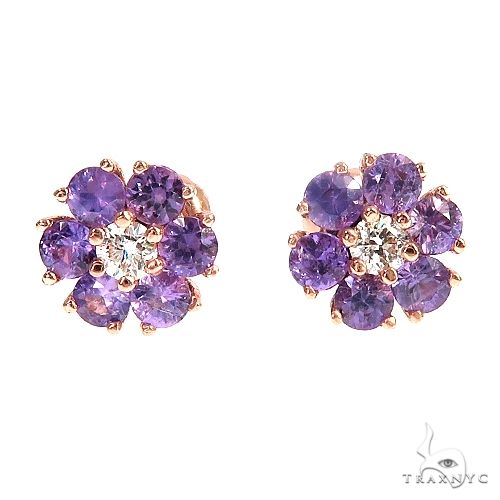Rose gold flower earrings with violet sapphire petals and central diamond cluster
