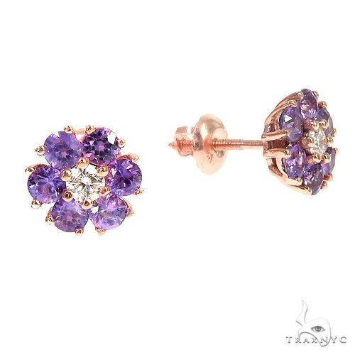 14K Gold Violet Bloom Sapphire Diamond Flower Earrings, photo 2 of 3