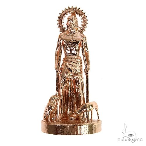 Mini St. Lazarus pendant in rose gold with detailed figure and halo design