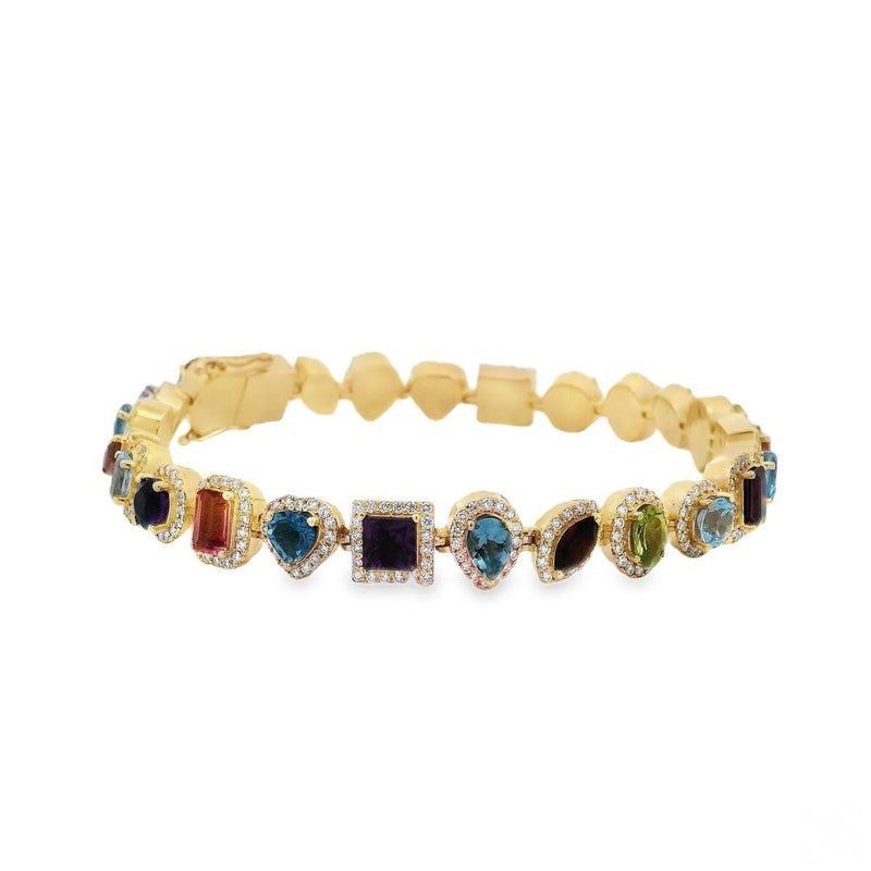 Gold bracelet with multicolored gemstone fancy links in various geometric shapes