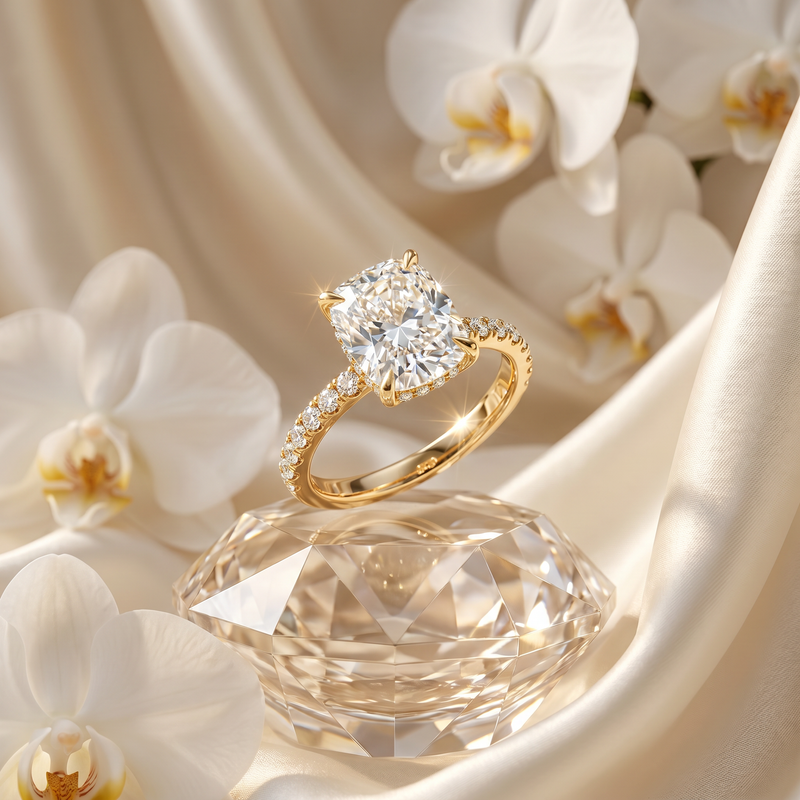Cushion cut diamond engagement ring in 14K yellow gold with hidden halo