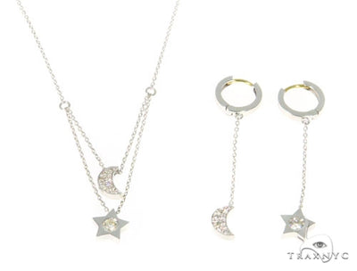 Moon and Star Diamond Earrings Necklace Set 45207 - Image 1