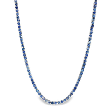 White gold tennis chain necklace with round blue sapphire gemstones, elegant and classic design.