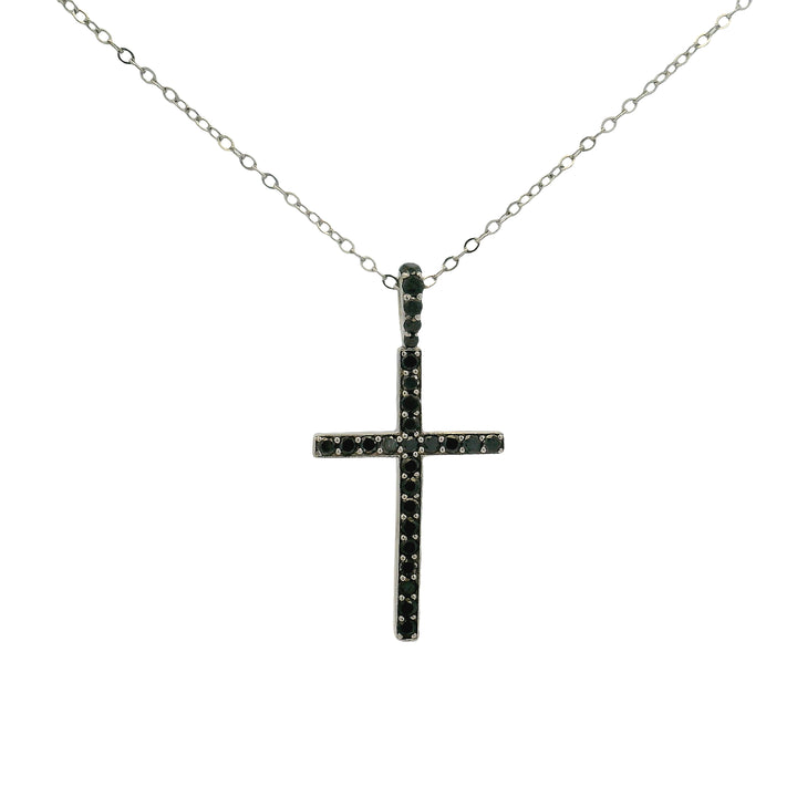 Silver chain necklace with black diamond-studded cross pendant set.