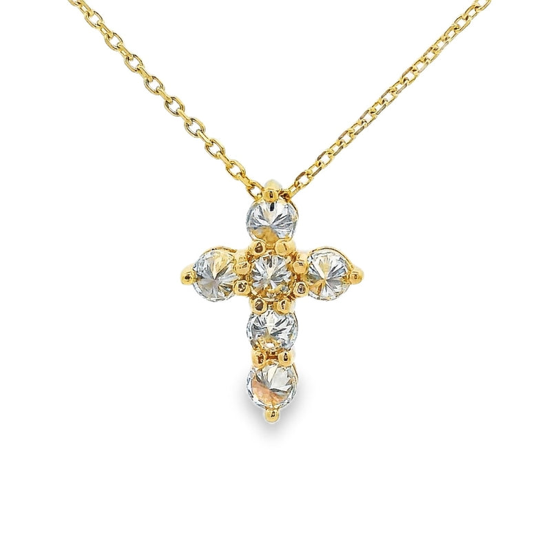 Yellow gold upside-down cross necklace with clear and yellow diamonds in a cluster design.