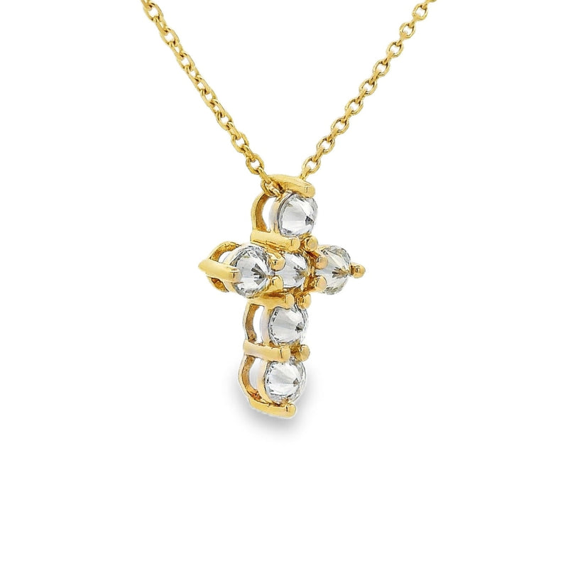 Yellow gold upside-down cross necklace with clear and yellow diamonds in a cluster design.
