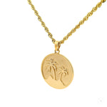 14K yellow gold pendant with palm tree oasis design on rope chain necklace.