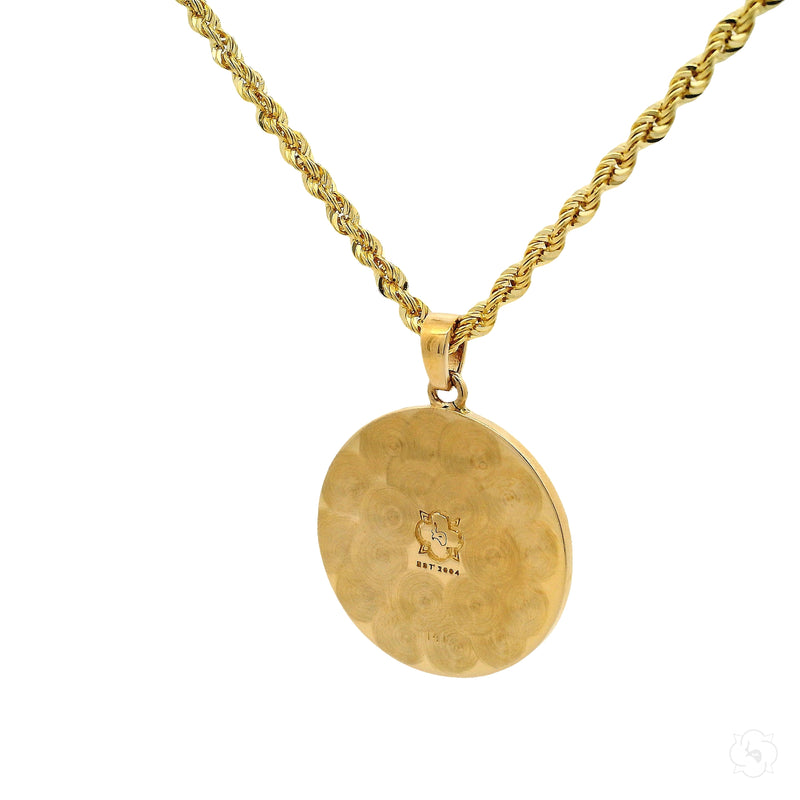 14K yellow gold pendant with palm tree oasis design on rope chain necklace.
