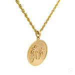 14K yellow gold pendant with palm tree oasis design on rope chain necklace.