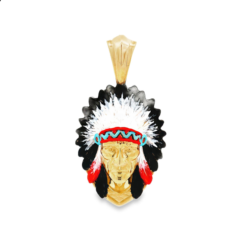 Yellow gold Native Chief pendant with red and turquoise feather details.