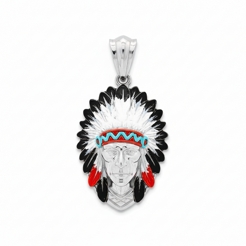 Yellow gold Native Chief pendant with red and turquoise feather details.
