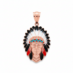 Yellow gold Native Chief pendant with red and turquoise feather details.