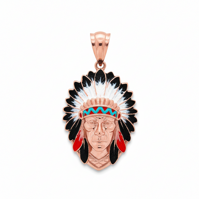 Yellow gold Native Chief pendant with red and turquoise feather details.