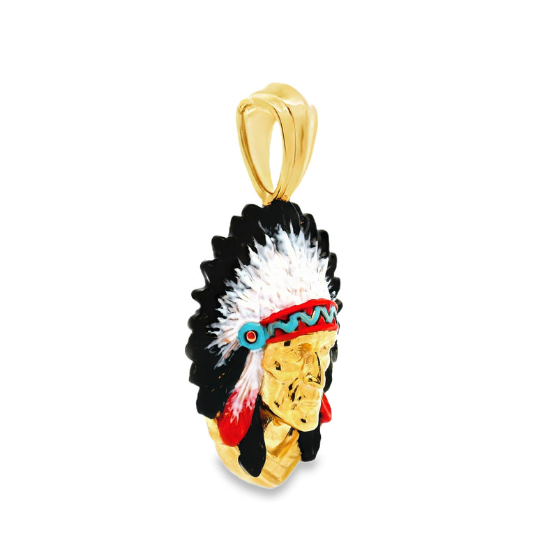 Yellow gold Native Chief pendant with red and turquoise feather details.
