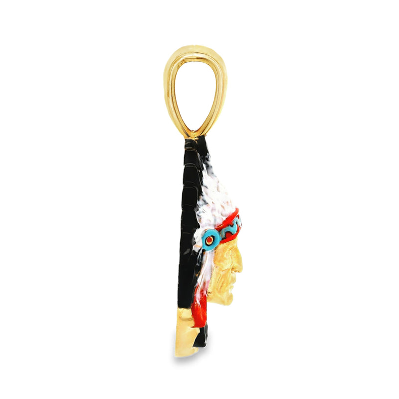Yellow gold Native Chief pendant with red and turquoise feather details.