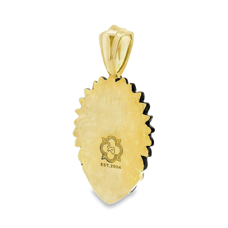 Yellow gold Native Chief pendant with red and turquoise feather details.