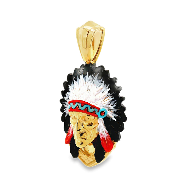 Yellow gold Native Chief pendant with red and turquoise feather details.