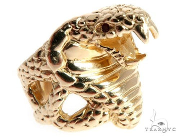Yellow gold men's ring shaped like a detailed coiled cobra with open mouth and textured scales.