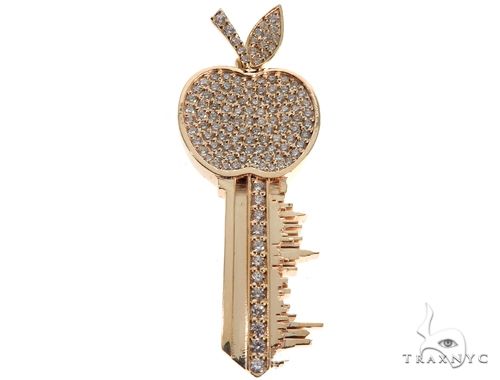 10k yellow gold key diamond pendant with round cut diamonds set across the face, front view