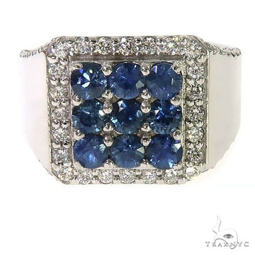 Square 3x3 sapphire diamond ring in white gold with diamond halo and band accents.