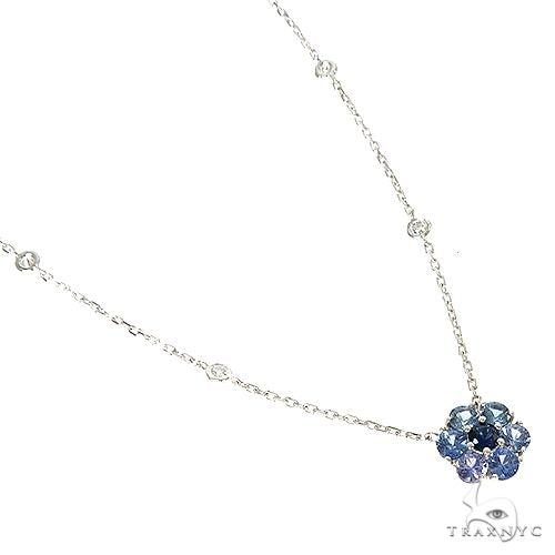 14K Yellow Gold Ocean Blue Sapphire Flower Necklace, view 2