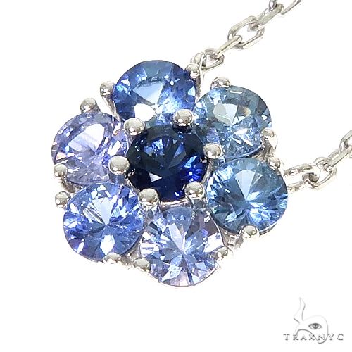 14K Yellow Gold Ocean Blue Sapphire Flower Necklace, view 3