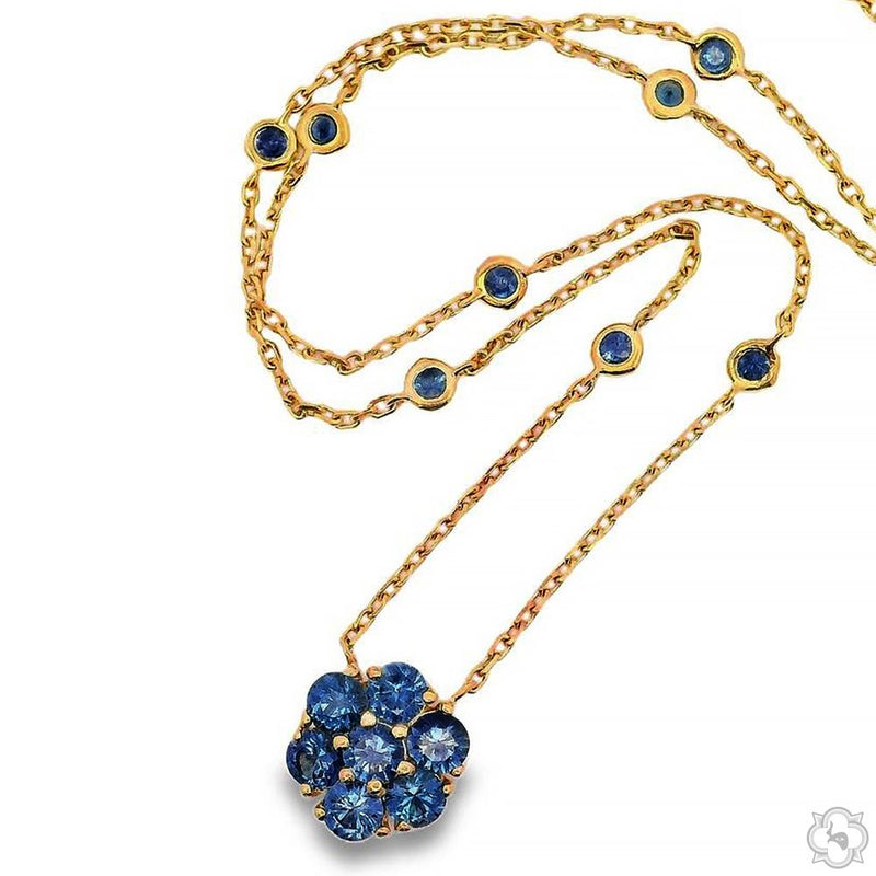 14K Gold Ocean Blue Sapphire Flower Necklace, photo 3 of 6