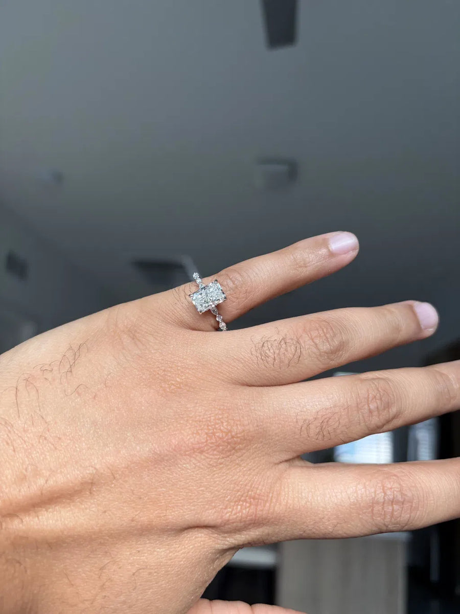 Custom radiant engagement ring, worn by Omar in Phoenix, AZ