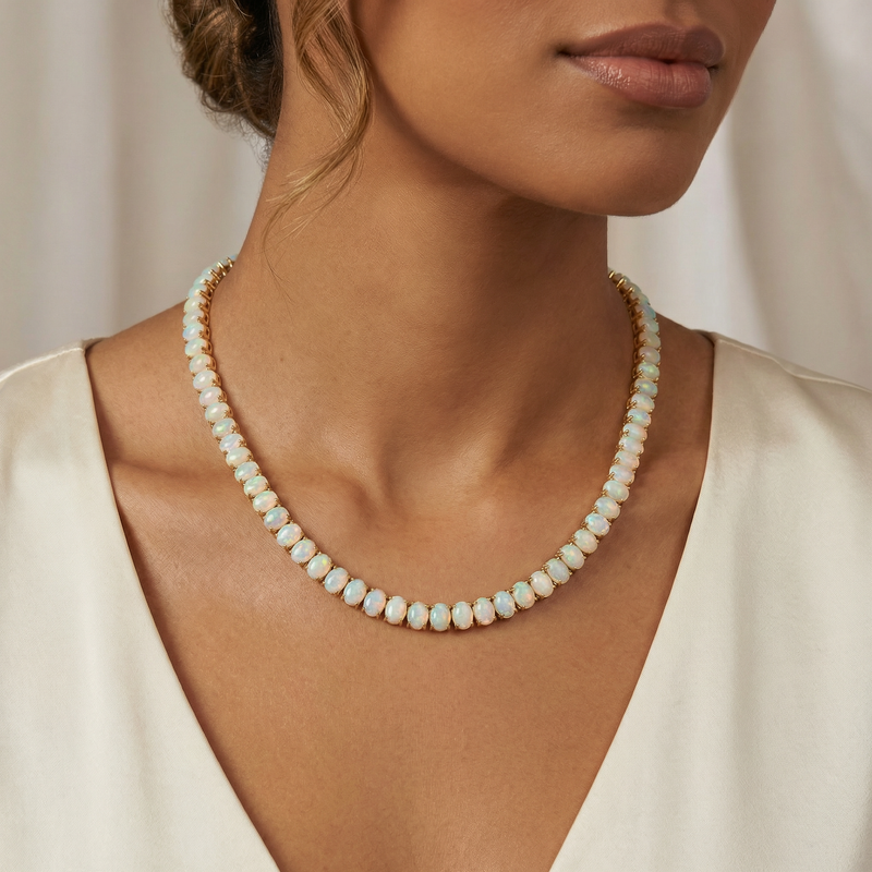 Yellow gold chain necklace with oval opal gemstones, elegant tennis style for unisex wear.