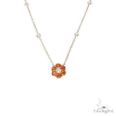 14K Gold Orange Sapphire Diamond Flower Necklace