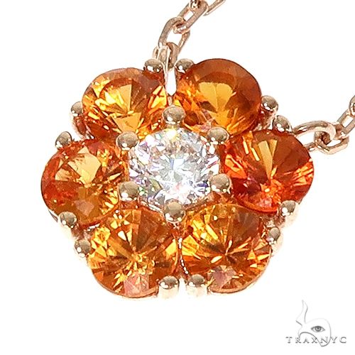14K Gold Orange Sapphire Diamond Flower Necklace, photo 4 of 6