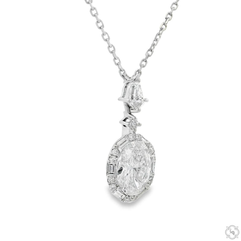 White gold oval diamond pendant necklace with halo and delicate chain