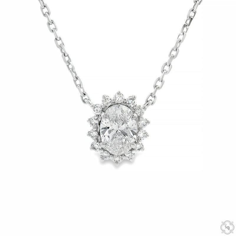 White gold oval halo diamond necklace with sparkling halo and delicate chain