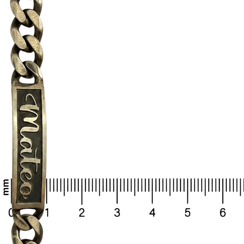 Oxidized silver 10mm custom name bracelet with Mateo engraving and chunky chain links.